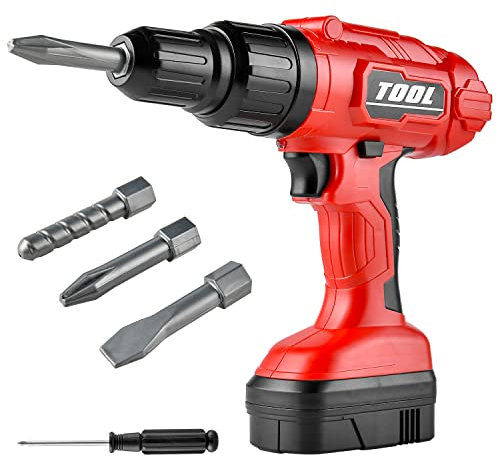 Toy Choi's Kinder Akkuschrauber Spielzeug, Batteriebetriebenes Bohrspielzeug und elektrisches Kleinkind-Bohrschraubenset, Konstruktionsspielzeugwerkzeuge Drill für Kinder ab 3 4 5 6 7 Jahren, Rot