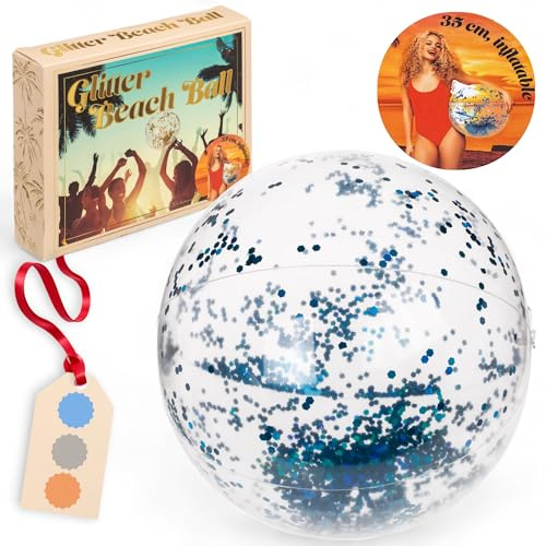 MIJOMA aufblasbarer Glitter-Strandball, Ø35 cm, transparenter Glitter-Wasserball für Sommeraktivitäten und Poolpartys (Blau)