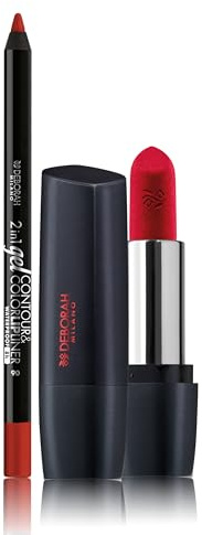 Deborah Milano -Set Makeup Rossetto Red Mat con Collagene e Acido Ialuronico, 33 Timeless Red, 4.5gr e Matita Labbra 2 in 1 Gel Contour&Color, 06 Rubine, ad Alta Pigmentazione e Waterproof, 1.3gr