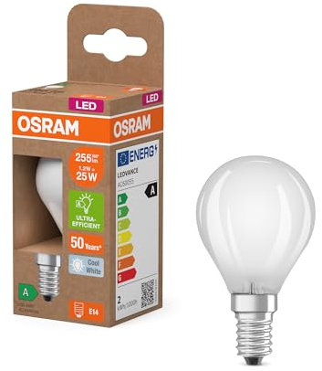 Osram dalla classica forma mini-sferica, con filamento LED decorativo dal design satinato, classe di efficienza energetica A, E14, 1,2 W, 255 lm, 4000 K, bianco freddo. luce immediata al 100%.