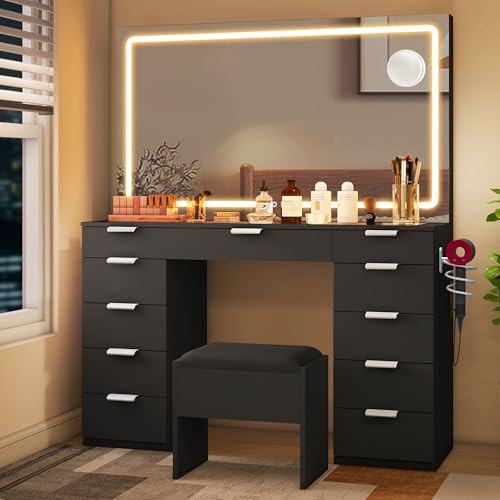 YITAHOME Stort sminkbord med justerbar LED-belysning och uttag, sminkbord med spegel, toalettbord med 11 lådor med pall, svart