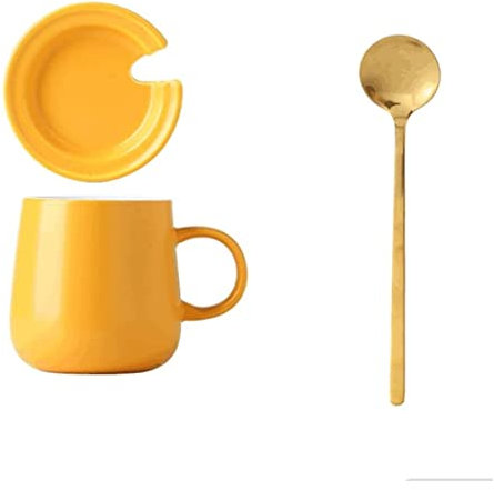 ASHSDI Afternoon Tea Cup 400ML Classic Ceramic Mug with Spoon and Lid Large Concise Mug Multifunctional Espresso Cup Cappuccino Cup(Yellow)
