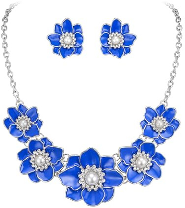 EVER FAITH Blau Blume Halskette für Damen, Sommer Boho Statement Kragen Floral Bib Choker mit Ohrstecker