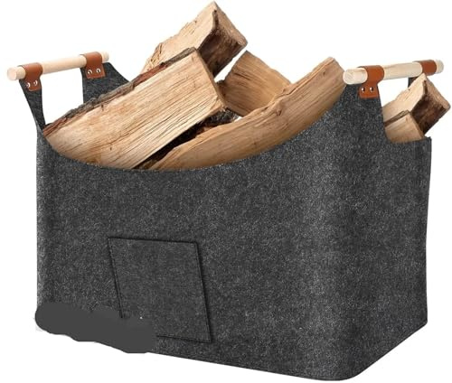 GSCLZ Firewood Box Felt Basket With Wooden Handles Large Capacity Foldable Wood Basket For Fireplace And Wood Stove