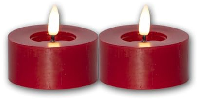 Star Trading 060-07 LED-Echtwachs-Kerze Flamme Flow T-Light 2er Set, rot, Wachsspiegeloptik, ca. 5,5x7 cm, naturgetreue Flamme, Batterie, Timer, Vierfarb-Karton