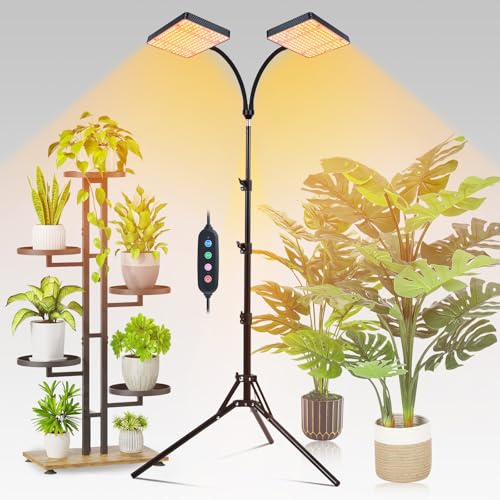 FECiDA 50 Watt 2-Kopf Pflanzenlampe mit Ständer, Vollspektrum Pflanzenlicht für Zimmerpflanzen, Pflanzenleuchte LED 4000 Lumen, Wachstumslampe für Pflanzen, 4/8/12/16/20 Hr Timer