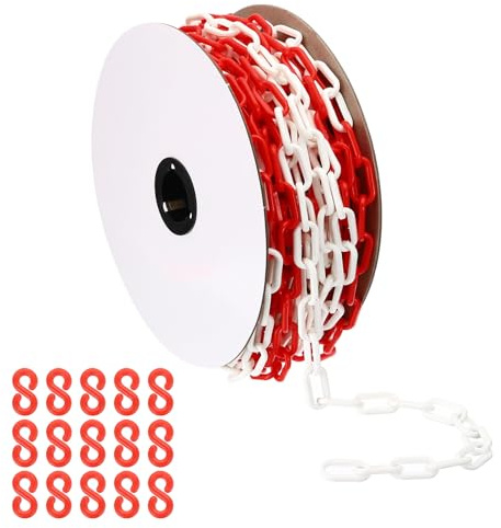 PATIKIL röd/vit plastkedja, 92 fot 6 mm avstängningskedja, säkerhetsbarriär, stor länkkedja, lång för varningssäkerhet, parkeringsplats, personkontroll, grind för byggplats, avspärring av ytor