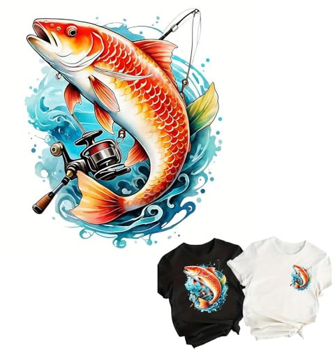 2pcs Stylish Big Red Fish & Fishing Rod Patterned Iron On Transfers for T-Shirts Rub on Transfers Stickers Vinyl Ready to Press Stickers Iron on Decals for T-Shirts Clothing Hoodie DIY Crafts