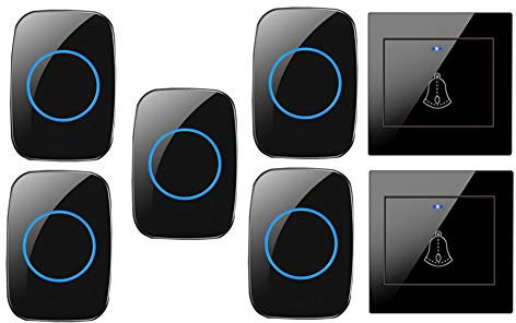 WOTZOV Timbre inalámbrico con 5 receptores, 2 pulsadores, Kit de Timbre de Puerta Resistente al Agua IP44 con Alcance de 300 m, 36 Tonos de Llamada, 4 Niveles de Volumen, Indica,Negro
