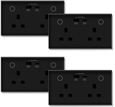 BSEED WiFi Socket 2 Gang with USB and Type C Compatible with Alexa and Google Home, Metered Socket With APP Remote Control Compatible with Smart Life, Timer Outlet Smart Outlet 16A Black, 4 Pack