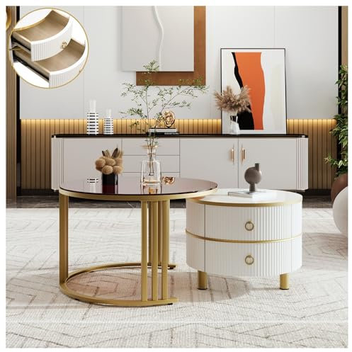 Seyakany Table Basse Ronde 2 en 1 en MDF, avec 1 Plateau Blanc et 1 Plateau en Verre trempé Marron avec 2 tiroirs, 70x70x45 + 50x50x40, Table Basse gigogne, Meuble Salon