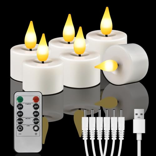 Dixmas Wiederaufladbar LED Teelichter mit Fernbedienung, 6 Stück | Flammenlose LED Kerzen, Timer, USB Elektrische Aufladbare, Für Hochzeiten Partys Weihnachten Heimdekoration
