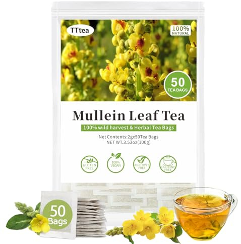 50 Organic Mullein Leaf Tea Bags for Lungs Cleanse and Respiratory Support, Herbal Detox Tea for Smokers, 100% Pure Natural Leaves, Caffeine Free, Non GMO