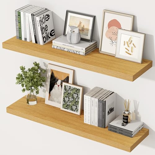Extra Tiefes 29,5 cm Wandregal Holz, 90cm Lang Wandboard Eiche 2er Set, Schweberegal aus MDF Holz, Regal Wand für mehr Stauraum, Regalbrett für Küche, Wohnzimmer, Schlafzimmer, Badezimmer & Büro
