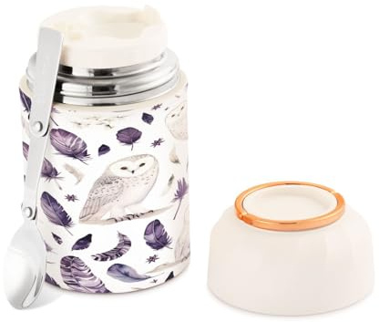 Ewusp Bouteille alimentaire aquarelle hibou pour adultes 500 ml en acier inoxydable à double paroi isotherme sous vide avec cuillère pliable sans BPA étanche récipient à soupe