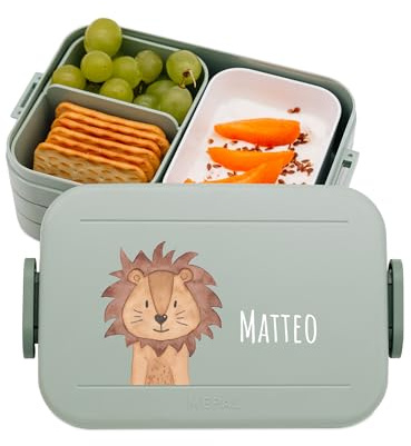 wunderwunsch MEPAL Brotdose Spülmaschinenfest Kinder, Lunchbox mit Einsatz für perfekte Ordnung, Spülmaschine, Mikrowellengeeignet, personalisiert mit niedlichem Motiv (Löwe, grün)