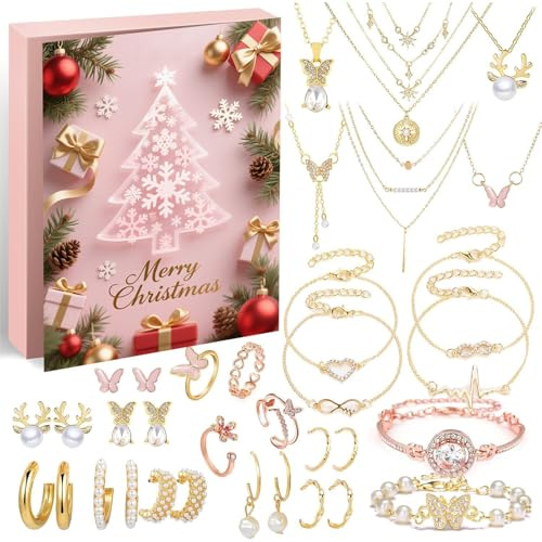 Adventskalender Schmuck- Weihnachtsgeschenk2025 für Mädchen, Armbänder, Ohrringe, Ringe, Weihnachten Geschenk für Damen Mädchen