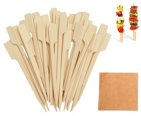 200PCS Bambus Spieße 9cm + 50 Ölabsorptionspapier, Fingerfood Spieße Snack | Cocktailspieße für Vorspeisen, Obstspieße, Burger Spieße, Partyspieße Bambus Set für Grill, BBQ, Einwegspieße Holz