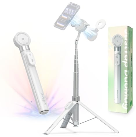 KraftGeek 170cm Perche à Selfie Magnétique Double Face, Trépied Smartphone à Ouverture Automatique pour iPhone, Trépied Téléphone Portable avec Pince Cachée pour Samsung/Android, Blanc