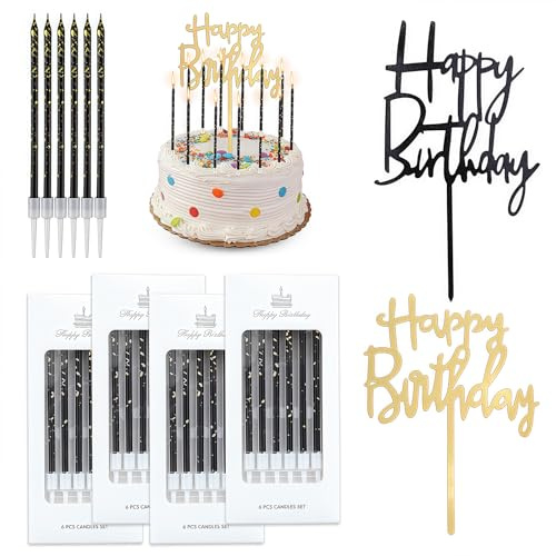24 Stück Geburtstagskerzen für Torte, Schwarze und Goldene Tortenkerzen, Bunte Kerzen Geburtstag Mit 2 Happy Birthday-Briefeinlagen für Dekorative Geburtstag Hochzeit Party Geburtstagskerzen