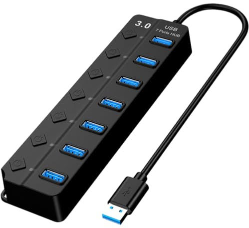 Concentrador USB 3.0 de 7 Puertos Negro Abs para Portátil | Plug And Play, Puerto de Alimentación Auxiliar, Diseño Interruptores Independientes y Formato Compacto