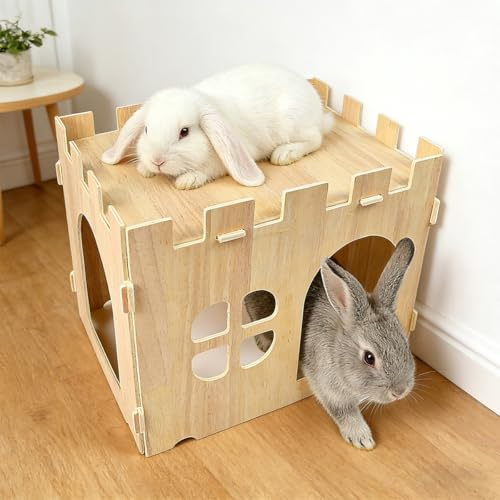 Vurixfo Wooden Rabbit House and Hideout, Large Bunny Castle, 40x30x30cm | Detachable Bunny Play House, Guinea Pig Wooden House, Rabbit Hideaway, for Indoor Hamster Hedgehog Rabbits Chinchilla Habitat