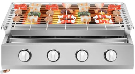 Barbecue a gas a 4 fuochi, professionale in acciaio inox, con attacco a gas girevole a 360°, design regolabile, per riunioni di campeggio e attività all'aperto