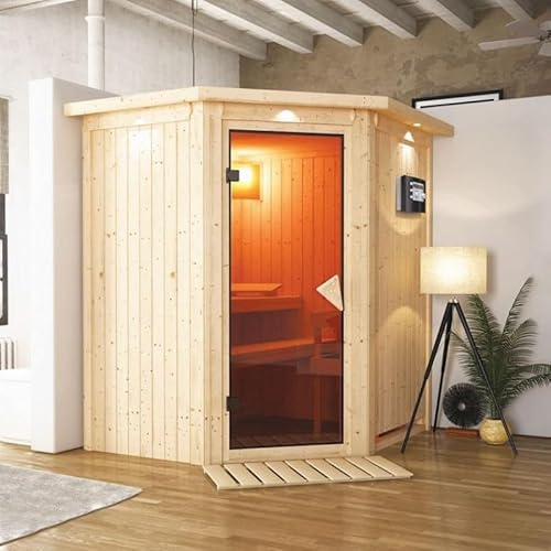 Karibu Tonja Sauna d'Angle Traditionnel en Bois Massif 68mm | 3-4 Places avec Poêle 3,6 kW Plug & Play | Porte Vitrée, Banquettes Confort, Isolation Supérieure | Naturel