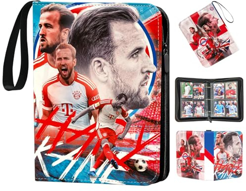 Oirigaga Fussball Sammelkarten Album 4 Fächern 50 Hüllen für 400 Karten, Fußball Karten Sammelalbum Sammelmappe Sammelheft Sammelbuch mit Reißverschluss Tragegriff, Wasserdicht Sport Karten Ordner