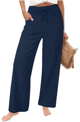 Linen Trousers Womens UK - Ladies Linen Trousers Wide Leg Petite Casual Smart Elasticated Waist Palazzo Pants Straight Going Out Loose Fit Summer Comfy Beach Holiday Bottoms with Pockets