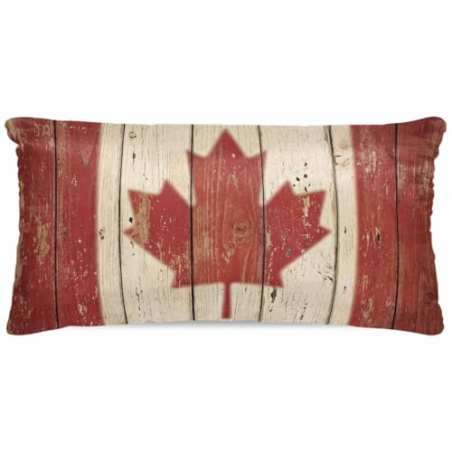 Gusidachig Canada Satin Pillowcase for Hair and Skin with Zipper, Soft Breathable Cooling Silk Pillow Cases, Red Maple Leaf Flag Vintage Farmhouse Wooden Grain Throw Pillow Covers King Size 20x40