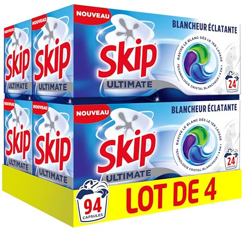 Skip Capsules Lessive Ultimate 4en1 Blancheur Éclatante, 96 Lavages | Ravive l'éclat du linge blanc dès le premier lavage, efficace en cycle court et à froid, technologie Cristal Blancheur
