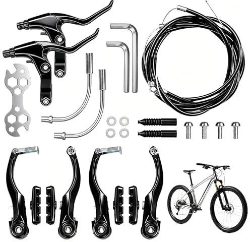 AEMCHDM Kit Freni Bici V-Brake Completo con Leve Freno, Cavi Freno Anteriore 75 cm e Posteriore 175 cm, Pattini Freno e Accessori, Set Universale per MTB e Bici da Strada