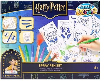 Harry Potter Sprühstifte Set für Kinder | Kreatives Pustestifte Malset mit 7 Spray Pens und 6 Schablonen | DIY Kunst-Set für Zauberfans | Motive Hogwarts, Harry & Hedwig