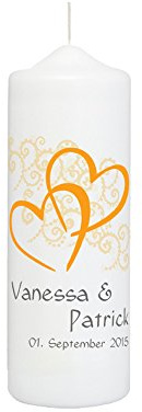Hochzeitskerze mit Namen und Datum, weiß mit Herzen und Ornamenten in Orange - personalisiert, Traukerze mit Spruch