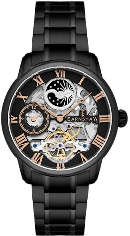 Thomas Earnshaw Montre Squelette Automatique pour Homme de 44 mm de Long avec Bracelet en Acier Inoxydable, Affichage 12 Heures, Soleil et Lune et Rotor décoré, Noir, Un tamaño, ES-8006-55