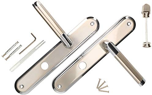 KOTARBAU® Juego de manillas para puerta, Manilla con pestillo para baño en Zamak, 72 mm, Manijas de puerta de placa larga, 2 Manetas, Manillas níquel cromo, Picaportes para puerta interior y exterior