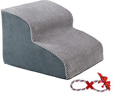 A.FATI Hundetreppe für Kleine Hunde | 2 Stufen Hunderampe aus hochdichtem Schaumstoff für Couch|Sofa, rutschfeste Haustiertreppe 30cm Hoch - mit Hundespielzeug Seil (grau)