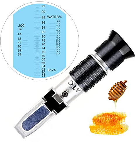 XRCLIF Honig Refraktometer mit ATC, Tragbares Handrefraktometer mit LCD-Display (Brix: 58-92%, Wasser: 12-27%, Baume Be°: 38-43°), Zuckergehaltsmesser für Honigfruchtgetränke usw.