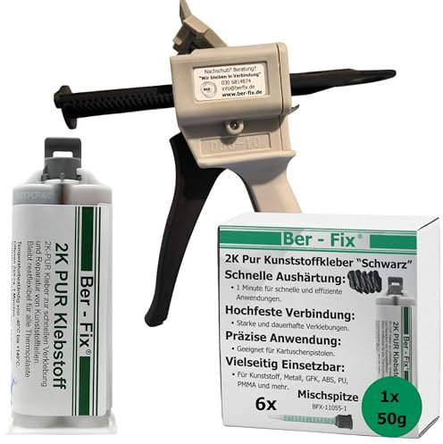 Ber-Fix Stoßstange Reparatur 2K PUR 60Sek. SCHWARZER Kunststoffkleber 2K Kleber Kunststoff-Reparatur 50g Kartusche 1:1 + Pistole + 5 Spitzen