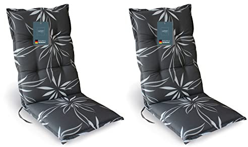LILENO HOME Gartenstuhl Auflagen als [2er Set - Hochlehner] in Blume Anthrazit-Weiß - Bequeme Liegen als Sitzauflagen für Gartenmöbel - Stuhlkissen für Gartenstühle und Klappstühle