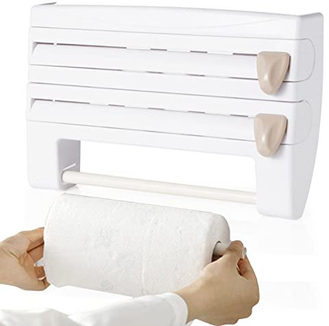 Syfunlv Film Alimentaire Mural, Porte-Film Alimentaire, Dérouleur Cuisine Derouleur Film Alimentaire Mural, avec Coupe-Papier pour Serviette de Cuisine, Bouteilles d'épices, Porte-Serviette (White)