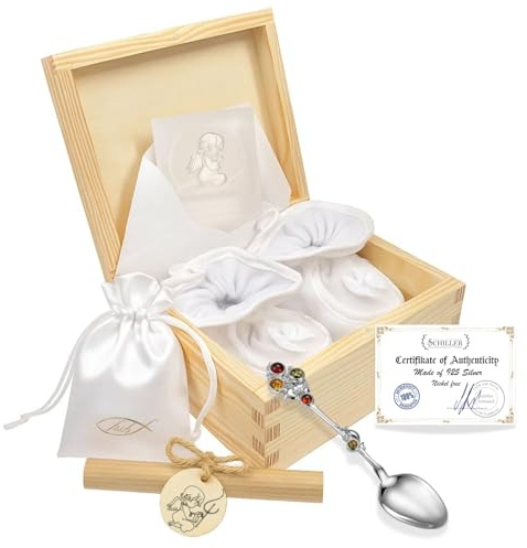 fish Set De Regalo De Bautizo Con Cucharita De Plata Con Ámbar Y Zapatitos En Caja De Madera