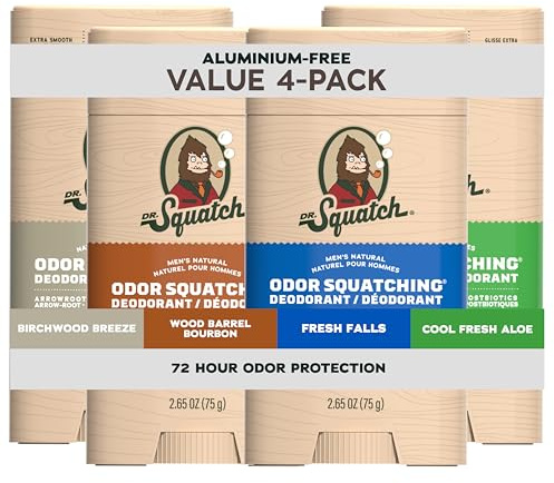 Dr. Squatch Natural Deodorant for Men – Odor-Squatching Men's Deodorant Aluminum Free - Birchwood Breeze, Cool Fresh Aloe, Fresh Falls, Wood Barrel Bourbon (4 Pack)