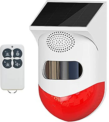 Alarme stroboscopique avec détecteur de Mouvement, sirène d'alarme extérieure avec télécommande 120 DB, sirène de sécurité sonore IP67 étanche et 4 Modes pour Maison, Ferme, grange