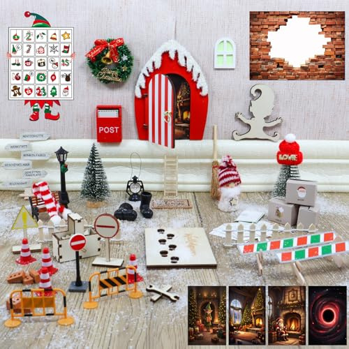 Roselee Wichteltür Set 55 Stück Wichteltür Zubehör Weihnachten Wichtel Zubehör Baustelle Set inkl. Weihnachtswichtel, Magisches Tür Briefumschläge, für Advent Feentür Weihnachtsdeko DIY