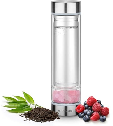 Navaris Wasserflasche mit Mineralstein und Neoprenhülle 450ml - Edelsteine Trinkflasche mit Hülle - Kristall Flasche Glasflasche Wasser - mit Rosenquarz