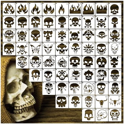 65 plantillas de calavera para pintar, plantillas reutilizables con estampado de llama, plantillas de aerógrafo de fuego de calavera para madera, manualidades, álbumes de recortes, suministros para el
