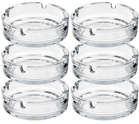 HOMESHOPA Round Glass Ashtrays, 6 Pack Solid & Practical Transparent Glass Ash Tray for Cigarettes Cigars, Clear Stackable Ashtray for Indoor Outdoor Home Office Restaurant Decorative Tabletop