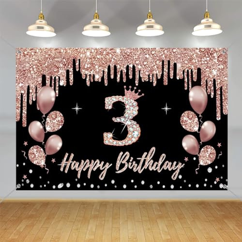 Tecreo 3. Geburtstag Dekorationen für Mädchen, Partydekoration Schwarz und Roségold, 3. Geburtstag Stoffschild Hängendes Poster, 3. Geburtstag Hintergrund Banner Party Willkommensschild